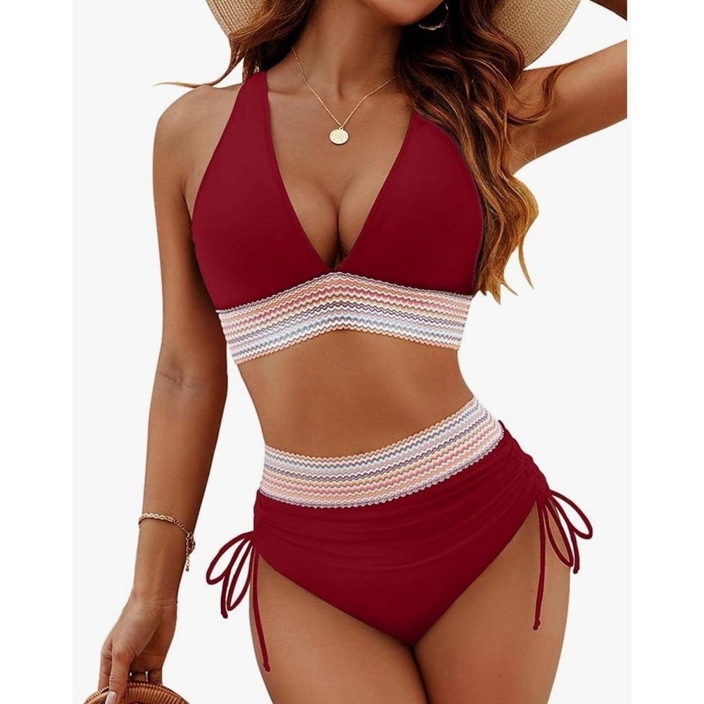 Two Piece Wine Colored‎ V Neck High Waisted Bikini